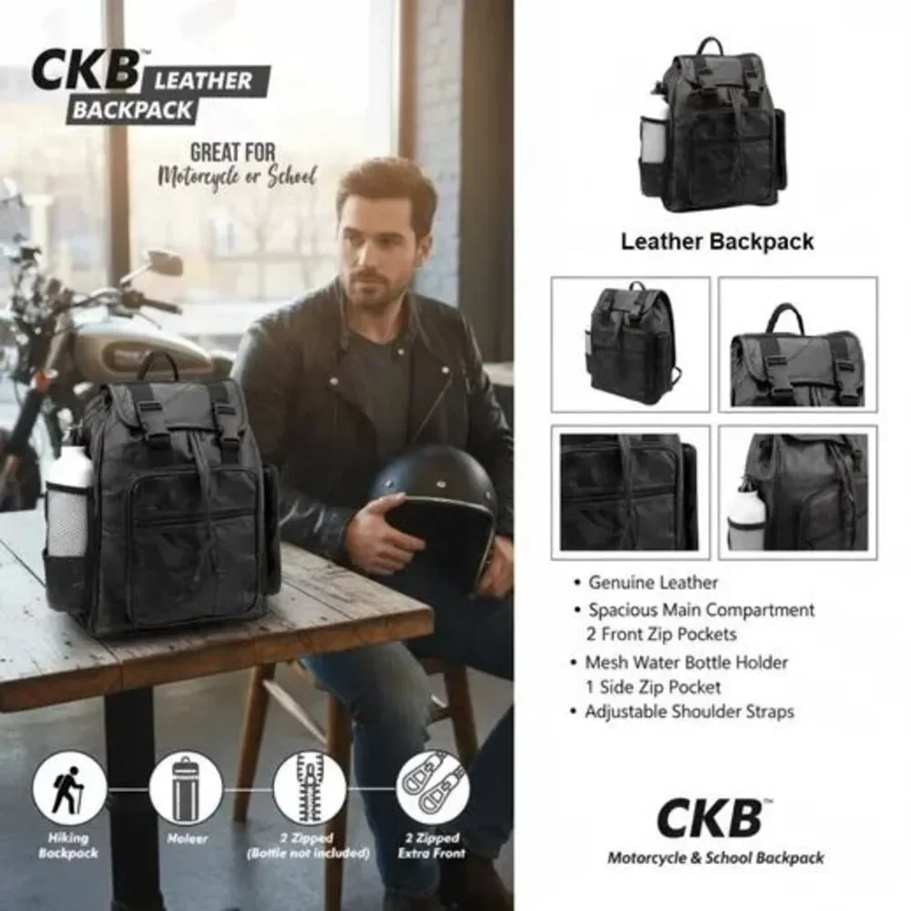Black 100% Genuine Leather Backpack - Great For Motorcycle, School, Hiking